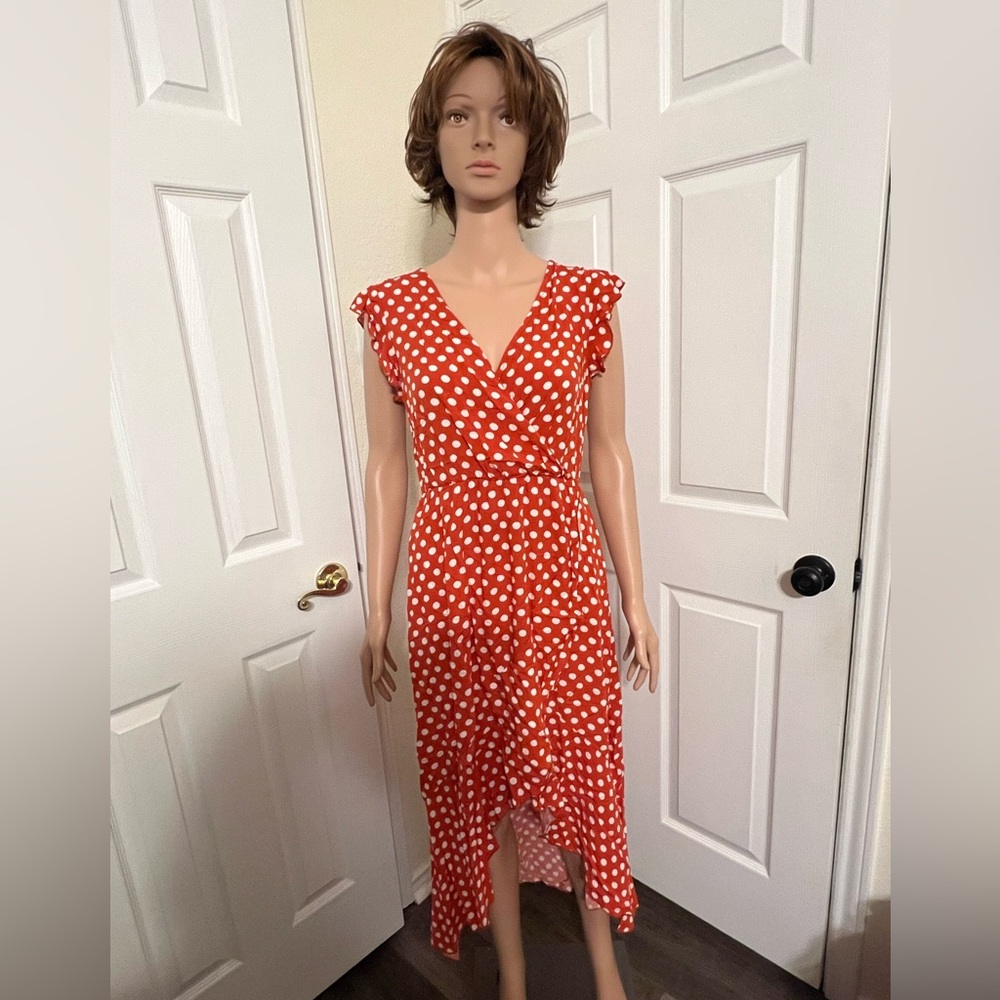 Red Polka Dot Wrap Midi Dress - Women's